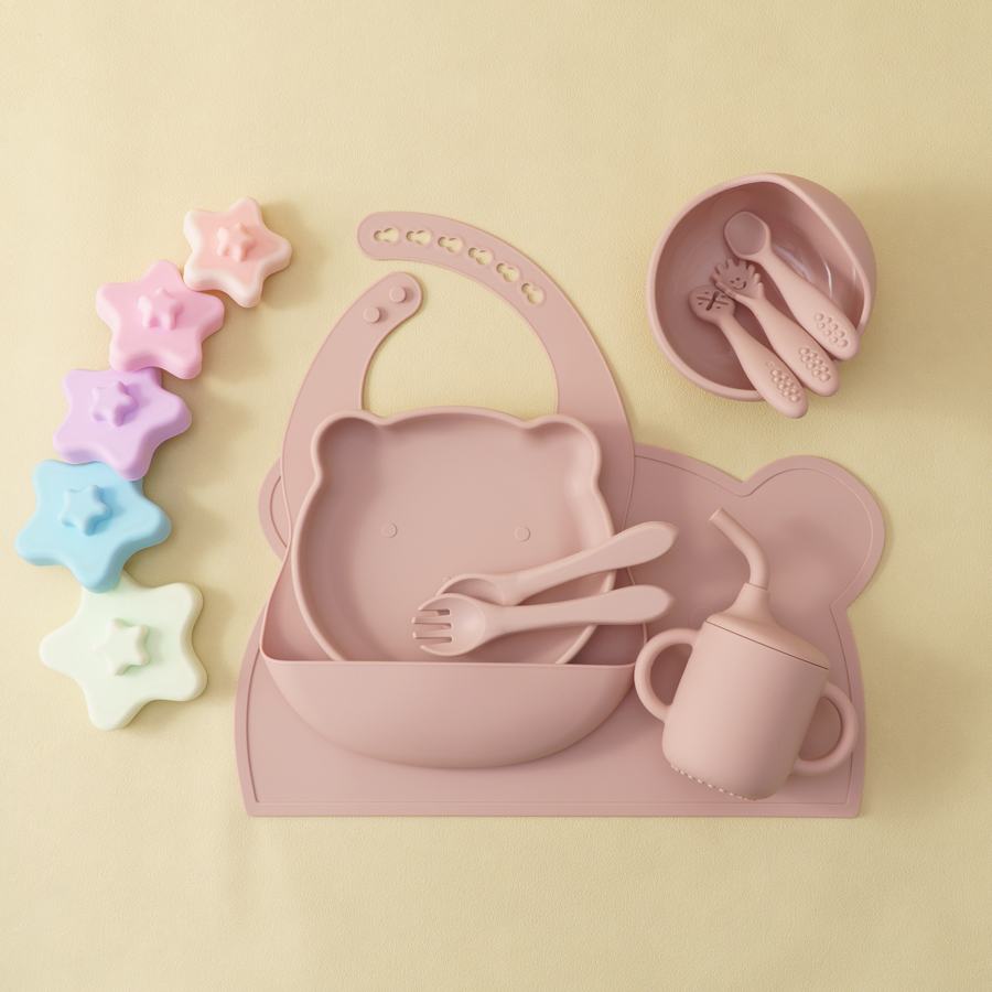 조절 가능한 턱받이 실리콘 아기 수유 세트, 만화 곰  - Baby Led Weaning Set 리뷰 및 가격